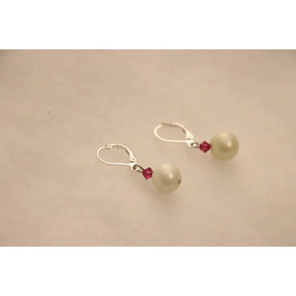 White round pearl style beaded drop earrings with silver metal loop